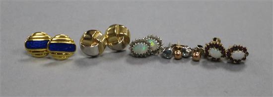 A pair of 18ct gold and blue enamel ear studs, one other 18ct gold pair of ear studs and four pairs of assorted 9ct gold ear studs.